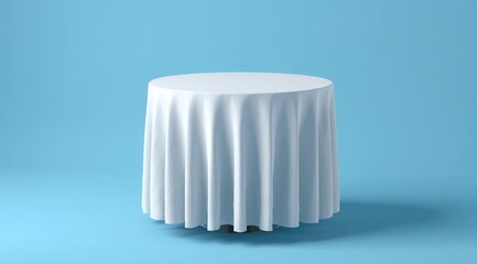 A pristine white tablecloth drapes a round table against a light blue backdrop, creating a clean, minimalist aesthetic.  The tablecloth's soft folds suggest a luxurious fabric