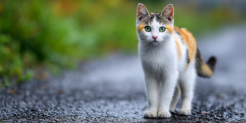 Single furry cat on a moist asphalt road looking at the camera. Mostly white