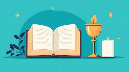 Candle burning near open bible and chalice, minimal layout, flat design illustration