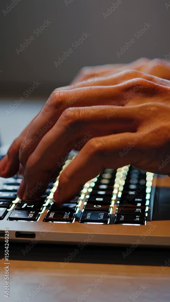 Poster close-up video shot of hands typing on a laptop keyboard, highlighting illuminated keys. captured fr