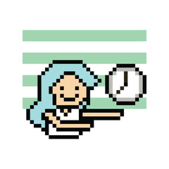 Obraz premium Cartoon cute pixel cartoon 8bit character business woman time management work deadline decoration 8 bit female schedule smart character 8bit png vector.
