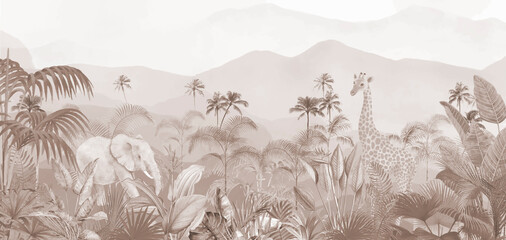 Subtle Beige Jungle Scene with Distant Peaks, Minimalist Nature Background  © csinie1