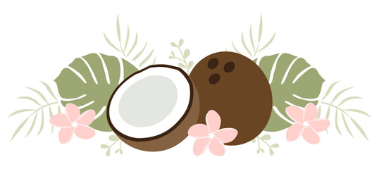 Tropical coconut, flowers, and leaves
