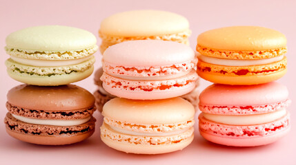 Fototapeta premium Pastel-colored macarons artistically arranged on pink background, elegant French confectionery display