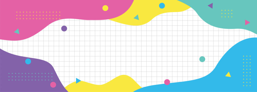 Vector illustration horizontal wavy colorful frames on transparent checked background. Yellow purple pink green blue geometric shapes. Color cartoon childish design style. Image funny summer hot sale