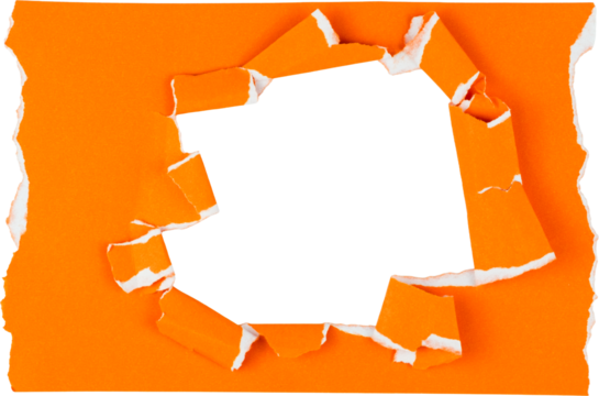 Orange torn paper with hole, isolated on white background png file 