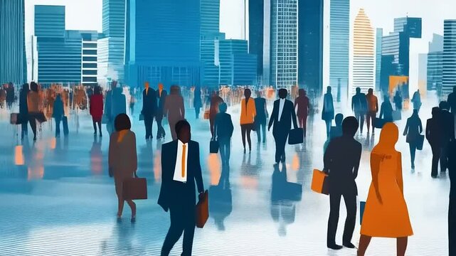 Cityscape Crowd: Artistic Rendition of Urban Life and Professional People Flowing