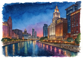 Obraz premium Cityscape painting of chicago skyline at night with river reflection art print and wall decor design isolated on transparent background
