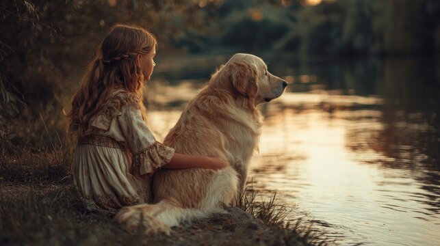 A young girl sits with her golden retriever by the river at sunset, sharing a moment in nature