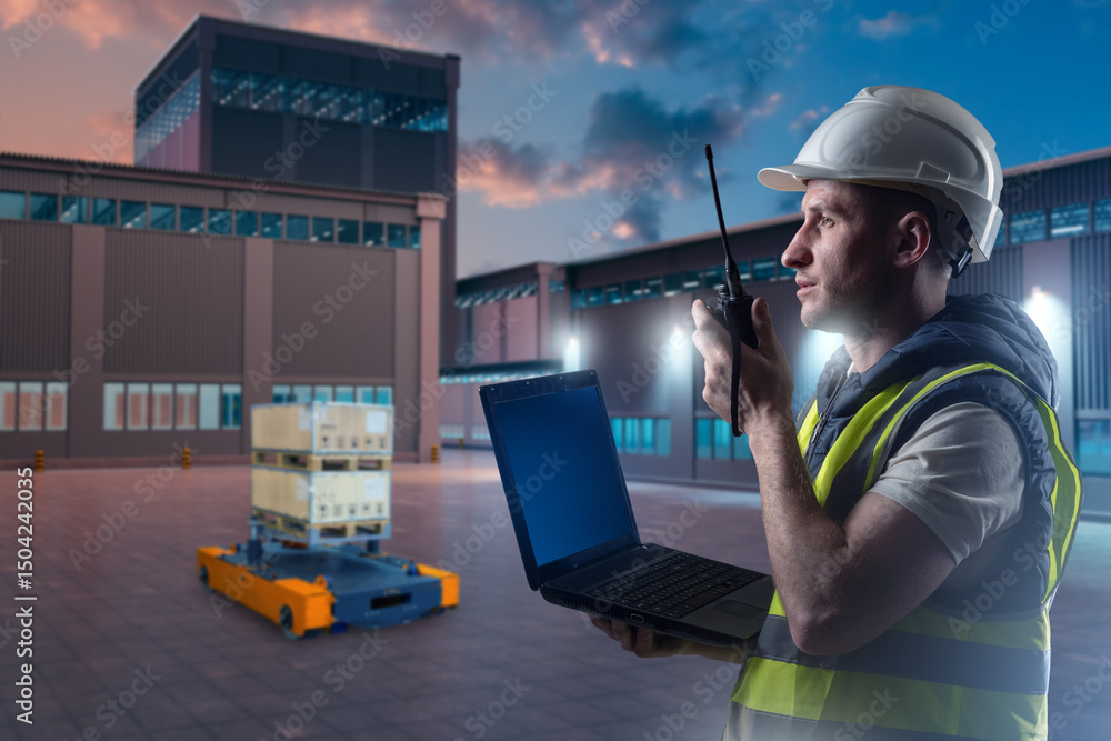 Poster man warehouse specialist. warehouse automation. man near autonomous storage hangars. warehouse speci
