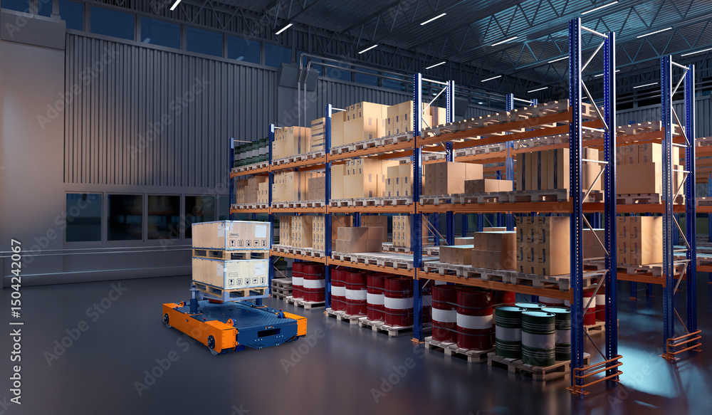 Poster warehouse robot. agv technology. automatic pallet truck. robot moves boxes around warehouse building