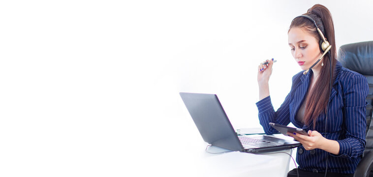 Business woman using laptop. Office girl sitting at table. Business woman using headset with microphone. Call center girl. Business lady on white background. Businesswoman with tablet computer