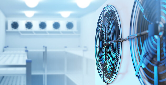 Industrial inside refrigerator. Warehouse refrigeration equipment. Freezer chamber. Conditioning unit in cold storage warehouse. Industrial refrigeration technology. Refrigerated warehouse. 3d image