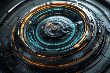 Dynamic Futuristic Interface with Rotating Cybernetic Design and Glowing Digital Elements