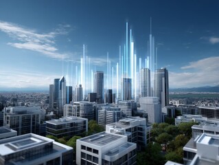 Futuristic Cityscape with Transparent Overlay and Financial Visualization