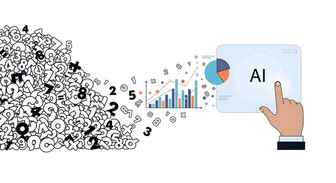 AI-Powered Data Analysis: A hand interacts with a digital interface displaying AI, data charts and graphs, visualizing the process of transforming raw data into insightful business intelligence. 