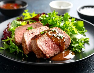Grilled meat with savory sauce and garden salad on a ceramic plate