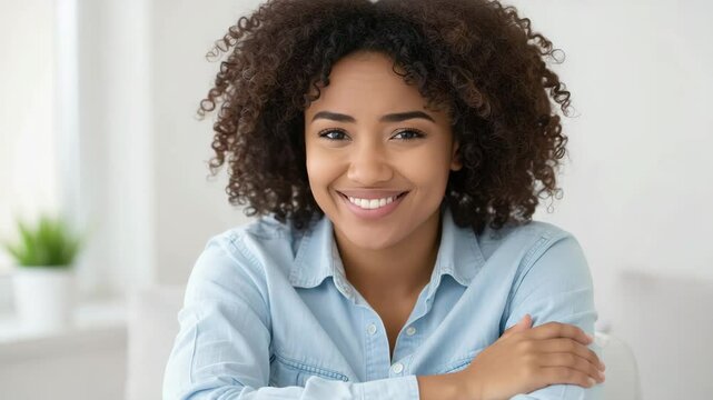 Smiling woman with curly hair crossing arms and making playful eye-roll gesture	
