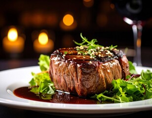 Grilled meat with savory sauce and garden salad on a ceramic plate