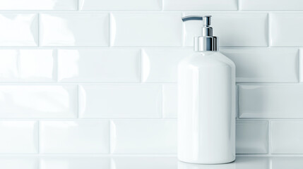 White pump bottle against white textured tile background, clean cosmetic container for liquid products