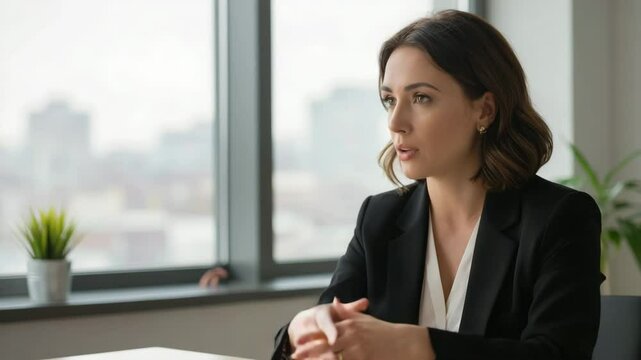 Businesswoman gesturing during discussion in modern office	