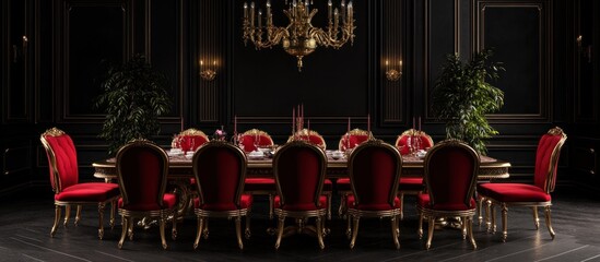 Opulent Dining Room: A Regal Ensemble of Red and Gold