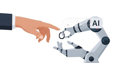 AI Collaboration: A human hand and an AI robotic arm extend towards each other, symbolizing technological progress and partnership. This image represents the future of collaboration and innovation.