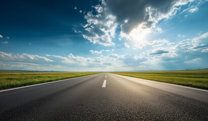 Naklejka premium A wide, empty road stretches across a beautiful landscape