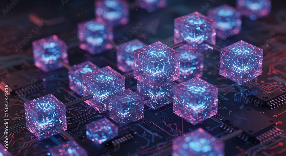 Poster futuristic network of glowing transparent cubes connected on a circuit board - abstract technology c