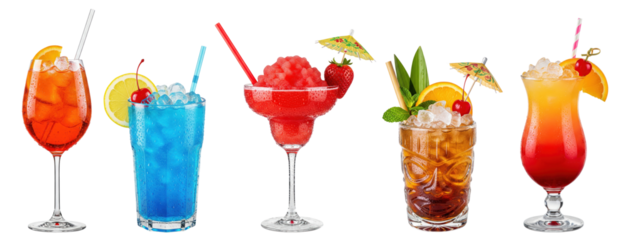 summer cocktails collection: aperol spritz, blue lagoon, strawberry daiquiri, tiki cocktail, tequila sunrise