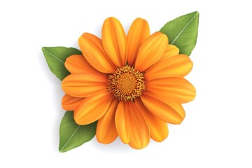 A vivid orange flower is blooming with green leaves on a white background