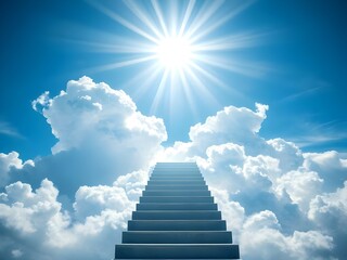 A stairway going up into the clouds, an album cover, conceptual art, heaven, god rays, blue white colors.