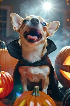 Charming dog in Halloween costume poses among carved pumpkins during festive celebration in cozy atmosphere