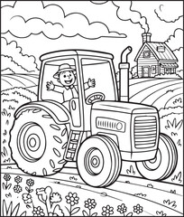 Cute boy with tractor in field coloring page activity book for kids, line art vector for design elements 
