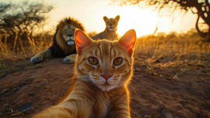 Obraz premium Orange Cat Selfie with Lions at Sunset in African Savanna
