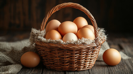Rustic brown eggs in a wicker basket on wooden table