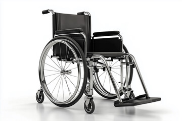 An isolated empty wheelchair, a medical mobility equipment for the disabled, stands on white