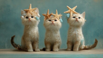 Adorable Kittens Wearing Starfish Hats - Cute Animal Stock Photo