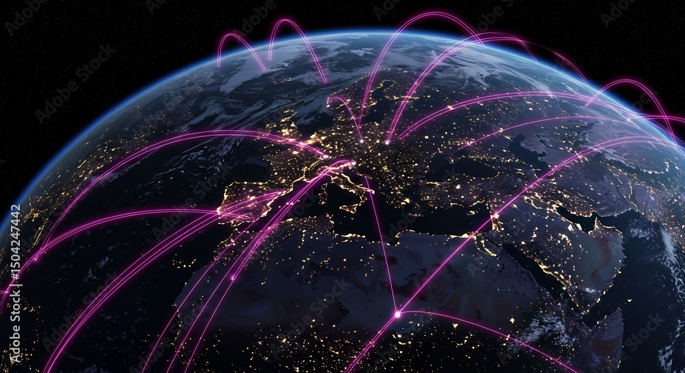 Poster global network connections: illuminated earth with pink digital lines representing data transfer and