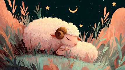 Peaceful Sheep Sleeping on Pastel Grass Under Starry Sky