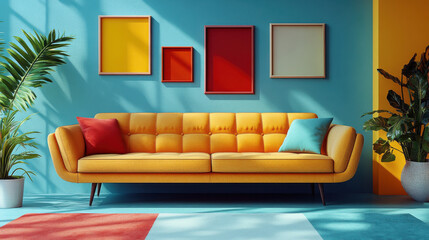 Mid century modern living room with yellow sofa and colorful accents