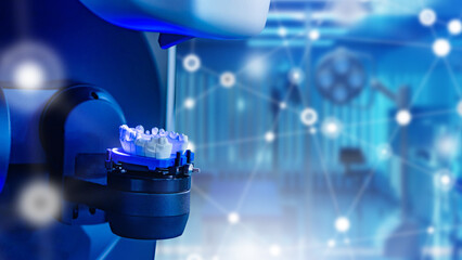 Dental 3d scanner in clinic. Dental scan with prosthesis teeth. Create three-dimensional model prosthesis. Dentist scanner in laboratory orthodontist. Scanner for dentist technician. Dental equipment