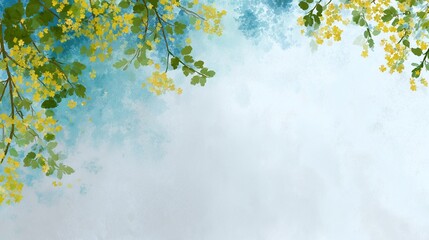 A digital illustration of a watercolor style consisting of branches blooming against the blue sky gently surrounding the top and side of the screen.