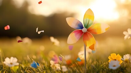 A cheerful pinwheel dances in the breeze, confetti fills the air—pure joy of childhood in a sunlit field.
