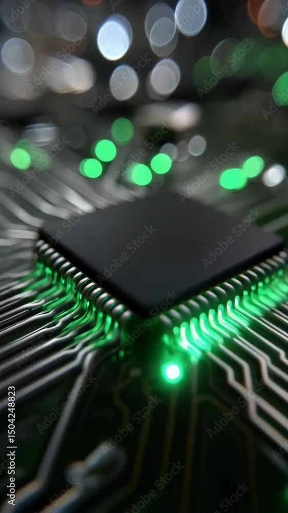 Poster macro view on a central processing unit with green illuminated circuit pathways and blurred backgrou