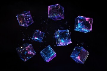 Several vibrant ice cubes float ethereally on a stark black background, sparkling with colorful lights