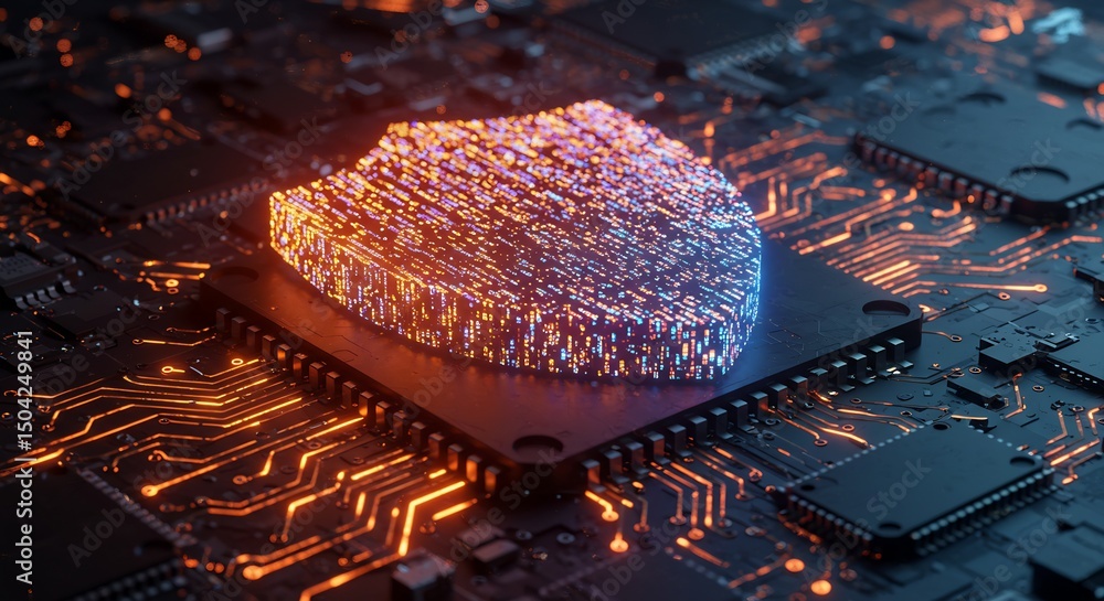 Aufkleber futuristic cybersecurity shield: digital data protection on advanced microchip circuit board