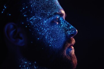 Digital Man: A futuristic portrait of a man with glowing network connections covering his face, symbolizing the interconnected nature of technology in modern life.