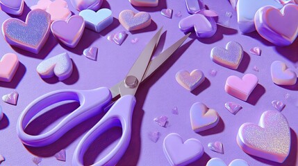 Cute Scissors and Hearts Crafting on Purple Background