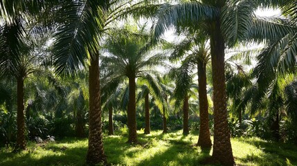 Obraz premium Lush green palm oil plantation sunny day